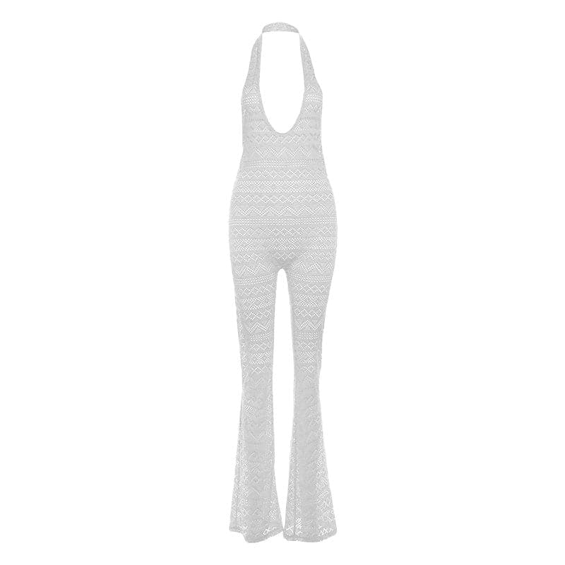 Halter low cut hollow out see through backless jumpsuit