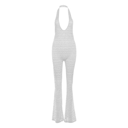 Halter low cut hollow out see through backless jumpsuit