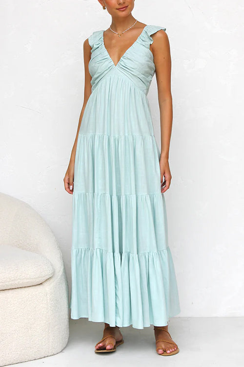 Plunging V-Neck Ruffle Strap Tiered Empire Waist Maxi Dress