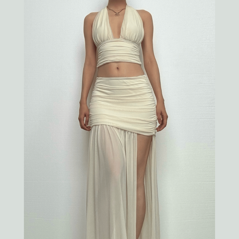 Halter ruched deep v neck high slit mesh maxi skirt set-final-sale