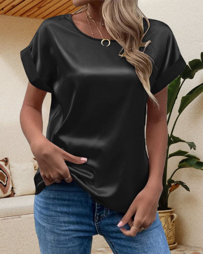 | Women’s Short Sleeve Relaxed Fit Satin Blouse