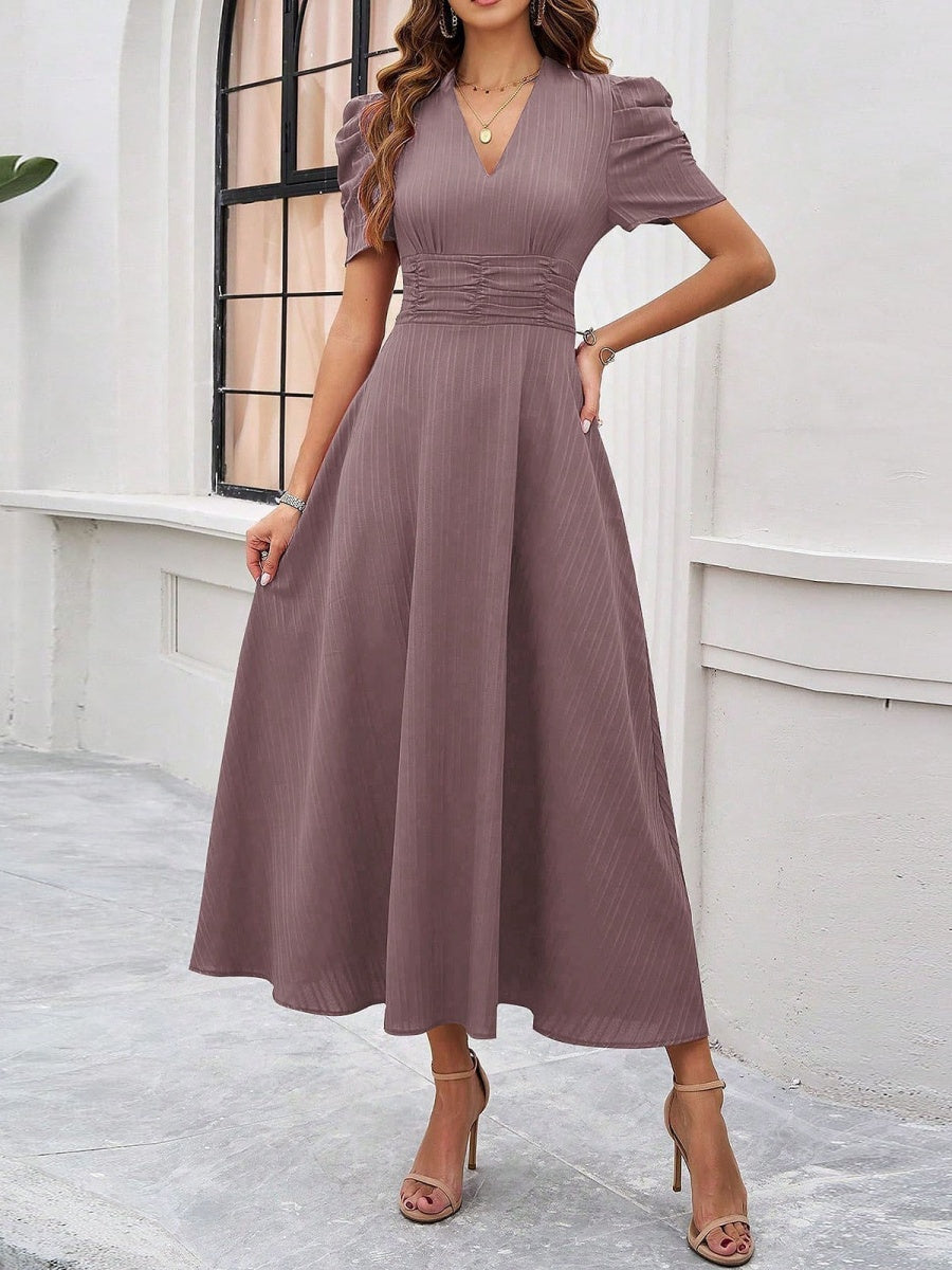 Pleated Waist Short Sleeve Maxi Dresses