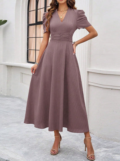 Pleated Waist Short Sleeve Maxi Dresses