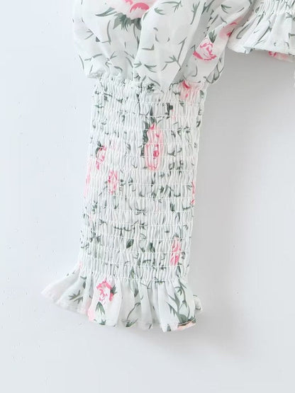 Floral Print Smocked Lantern Sleeve Shirt Top