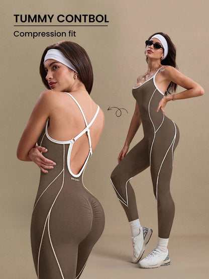 Cross Shoulder Straps Color-blocked Fitness Exercise Bodysuits