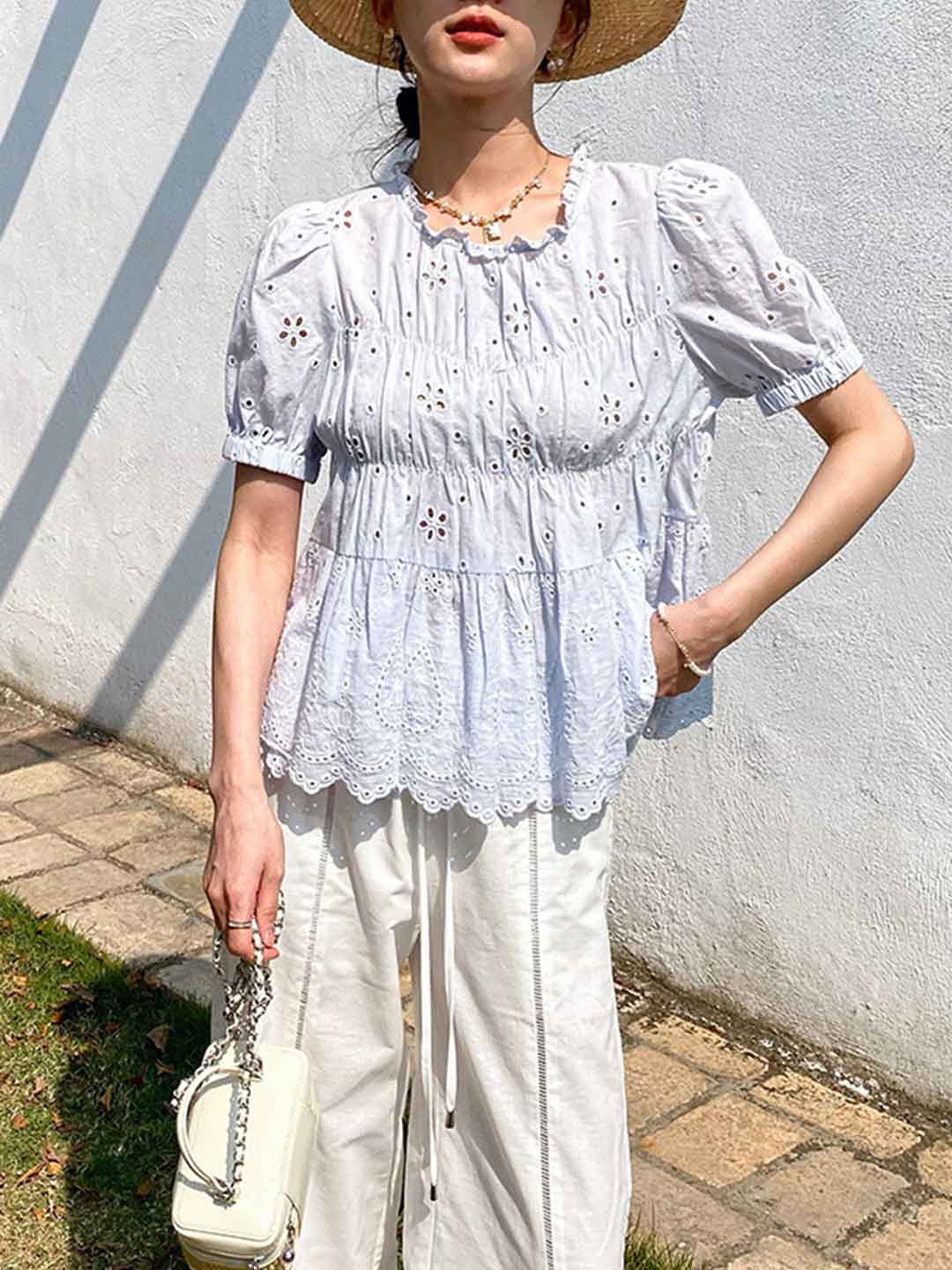 Arianna Retro Auricular Puff Sleeve Embroidered Top