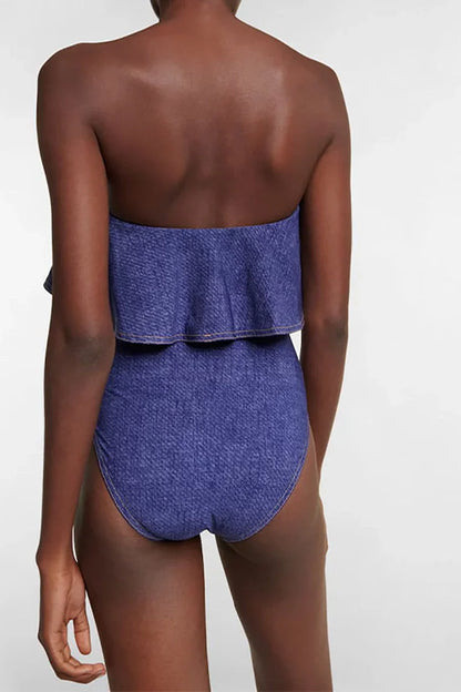 Denim Bandeau One Piece Swimsuit Set