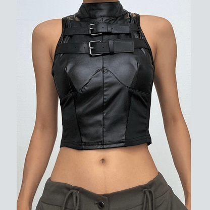 Buckle solid sleeveless patchwork button PU leather crop top