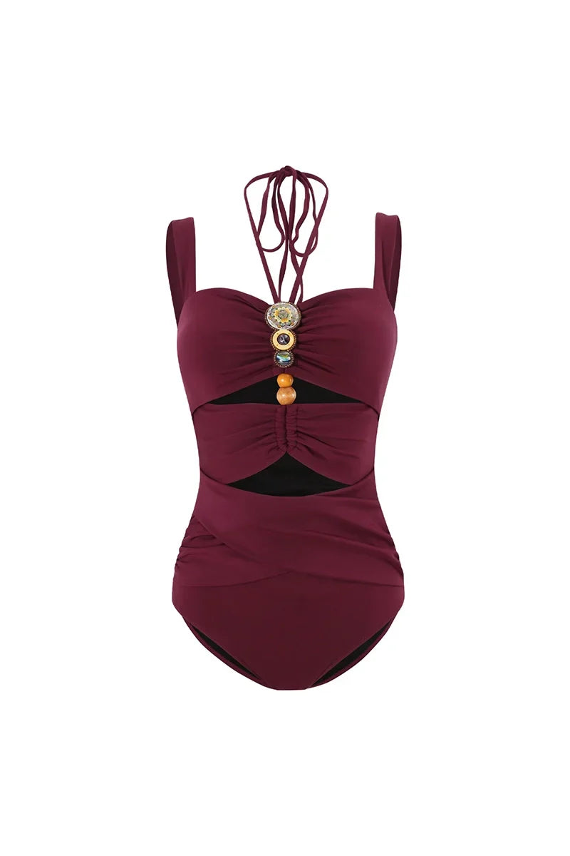 Burgundy Boho Beaded Cutout Swimsuit Set
