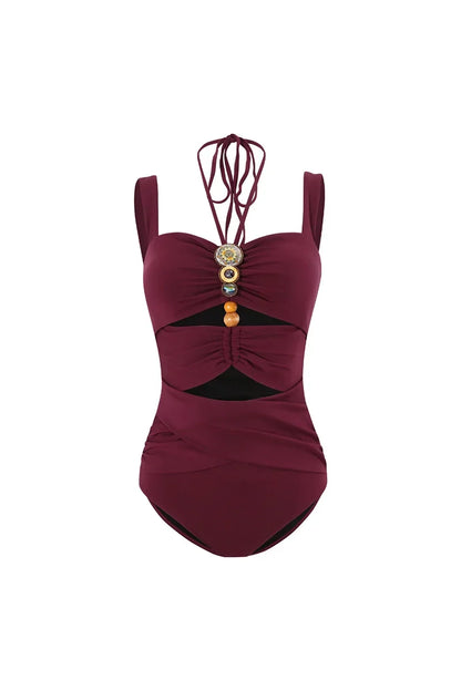 Burgundy Boho Beaded Cutout Swimsuit Set