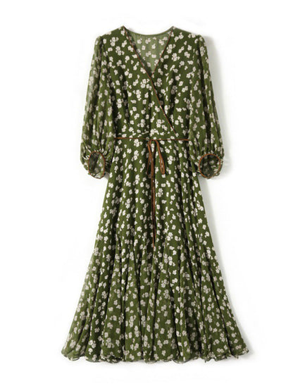 Molly Retro Floral Wrap Waisted Dress-Green Middle