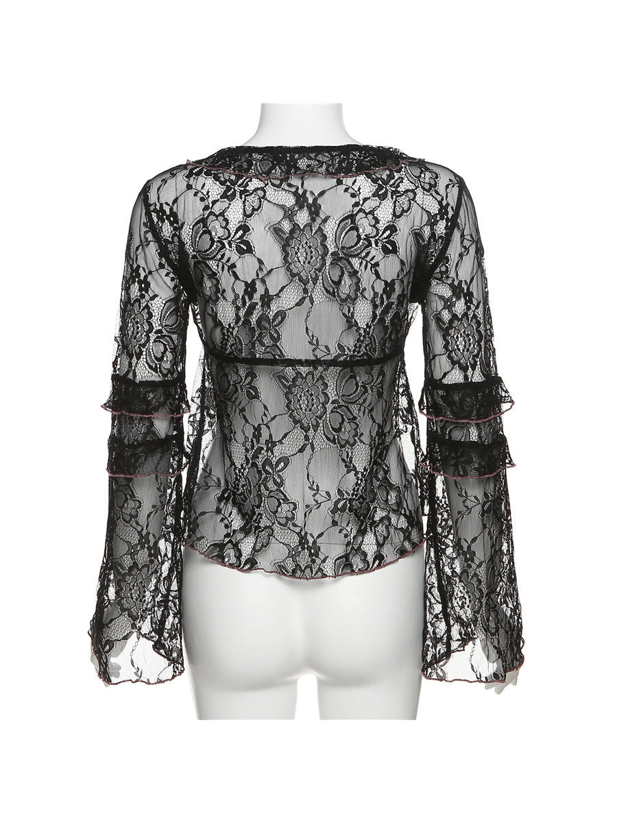 V Neck Tied Slim Fit Lace Hollow Top