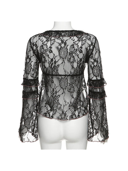 V Neck Tied Slim Fit Lace Hollow Top
