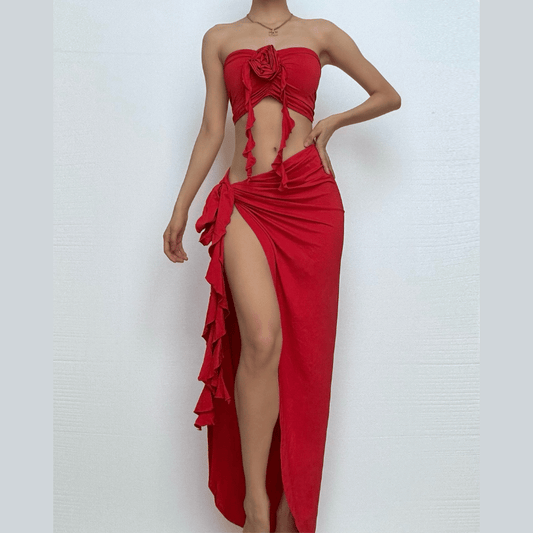 Flower applique ruffle high slit ruched tube skirt set-final-sale