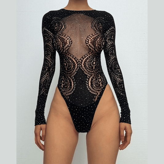 Long sleeve net rhinestone backless bodysuit
