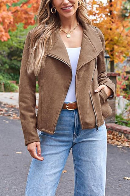 Zip Up Pocketed Faux Suede Moto Jacket(in 7 Colors)