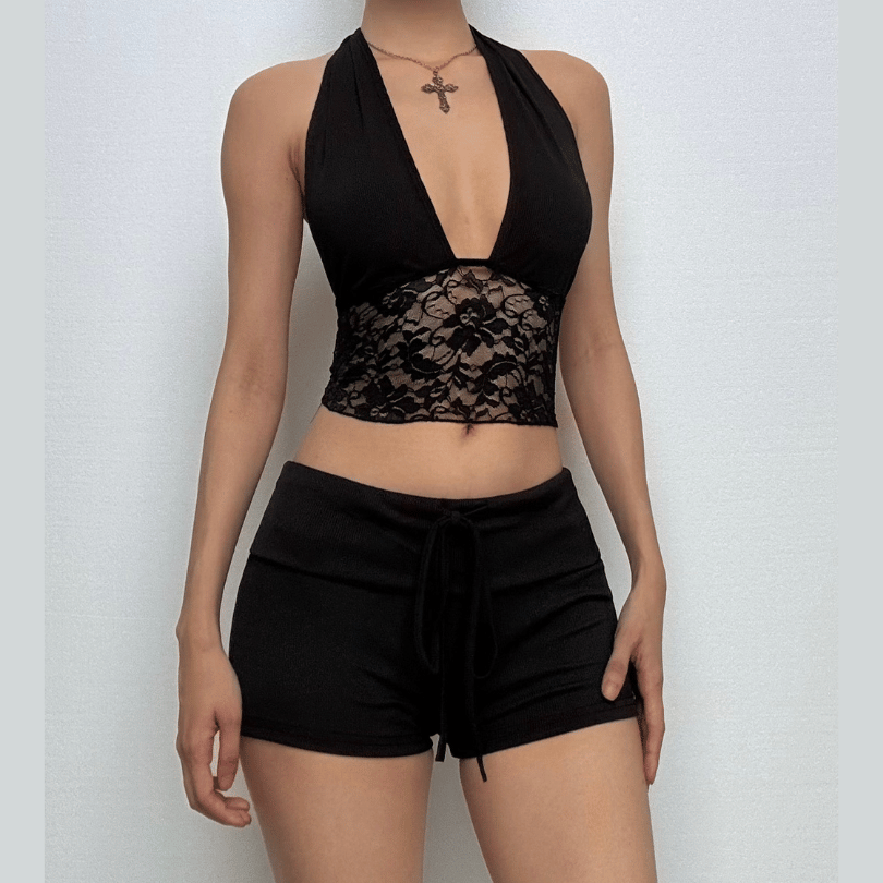 Halter lace hem drawstring ribbed crop pant set