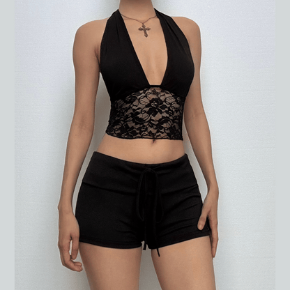 Halter lace hem drawstring ribbed crop pant set
