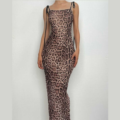 Sheer Mesh Tie Shoulder Halter Backless Bodycon Maxi Dress