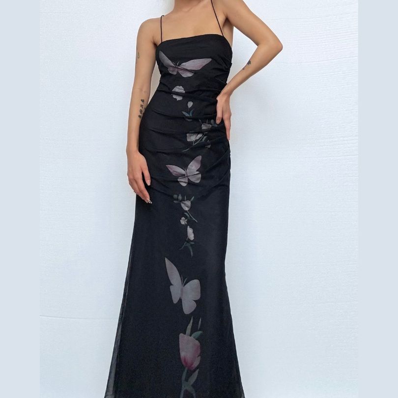 Mesh butterfly print cross back cami maxi dress
