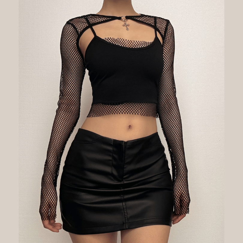 Long sleeve fishnet shrug cross applique 2 piece top