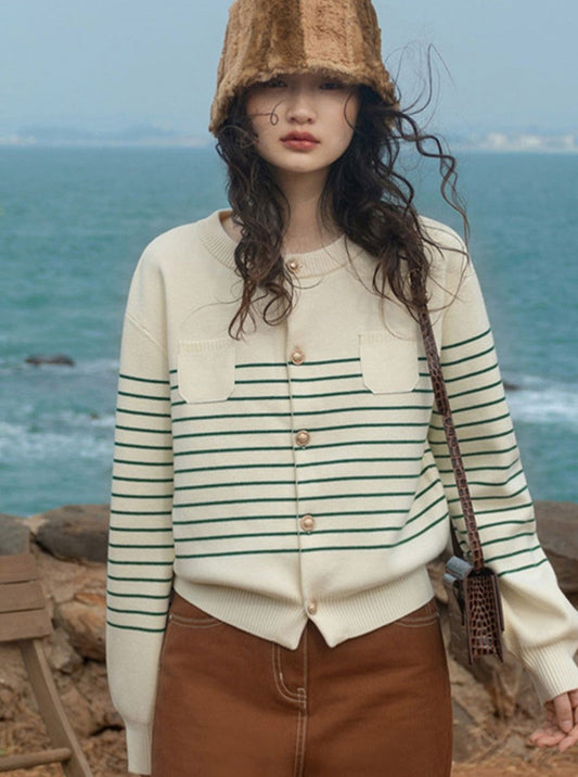 French Vintage Striped Loose Knit Cardigan