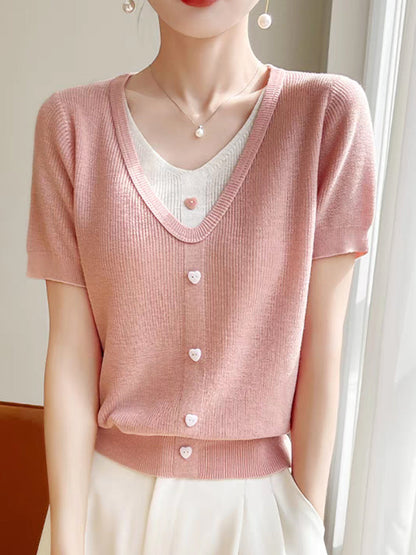 Angelina Casual V-neck Patchwork Knitted Top