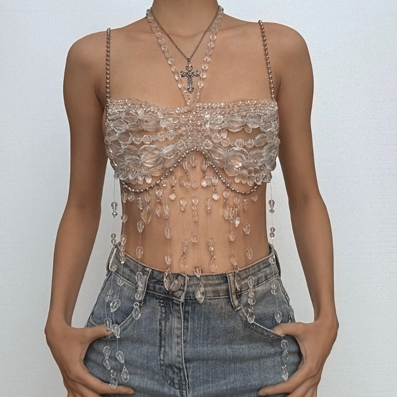Halter metal chain beaded tassels cami top