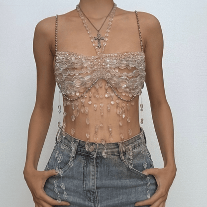 Halter metal chain beaded tassels cami top