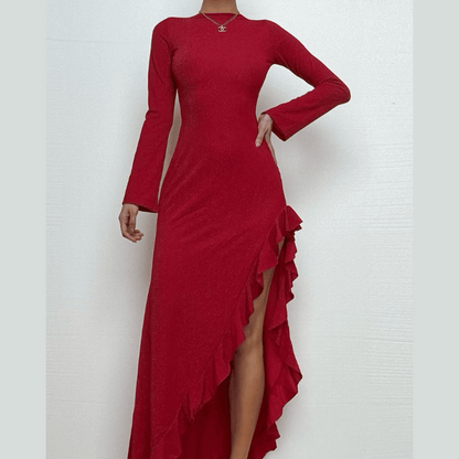 Long sleeve see through glitter irregular ruffle maxi dress