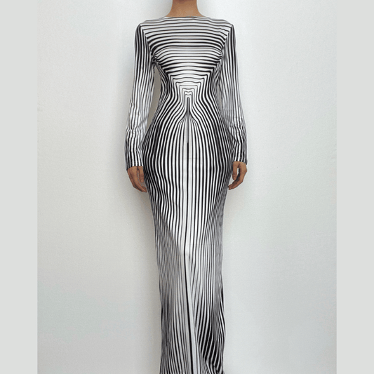 Striped print long sleeve crewneck contrast maxi dress