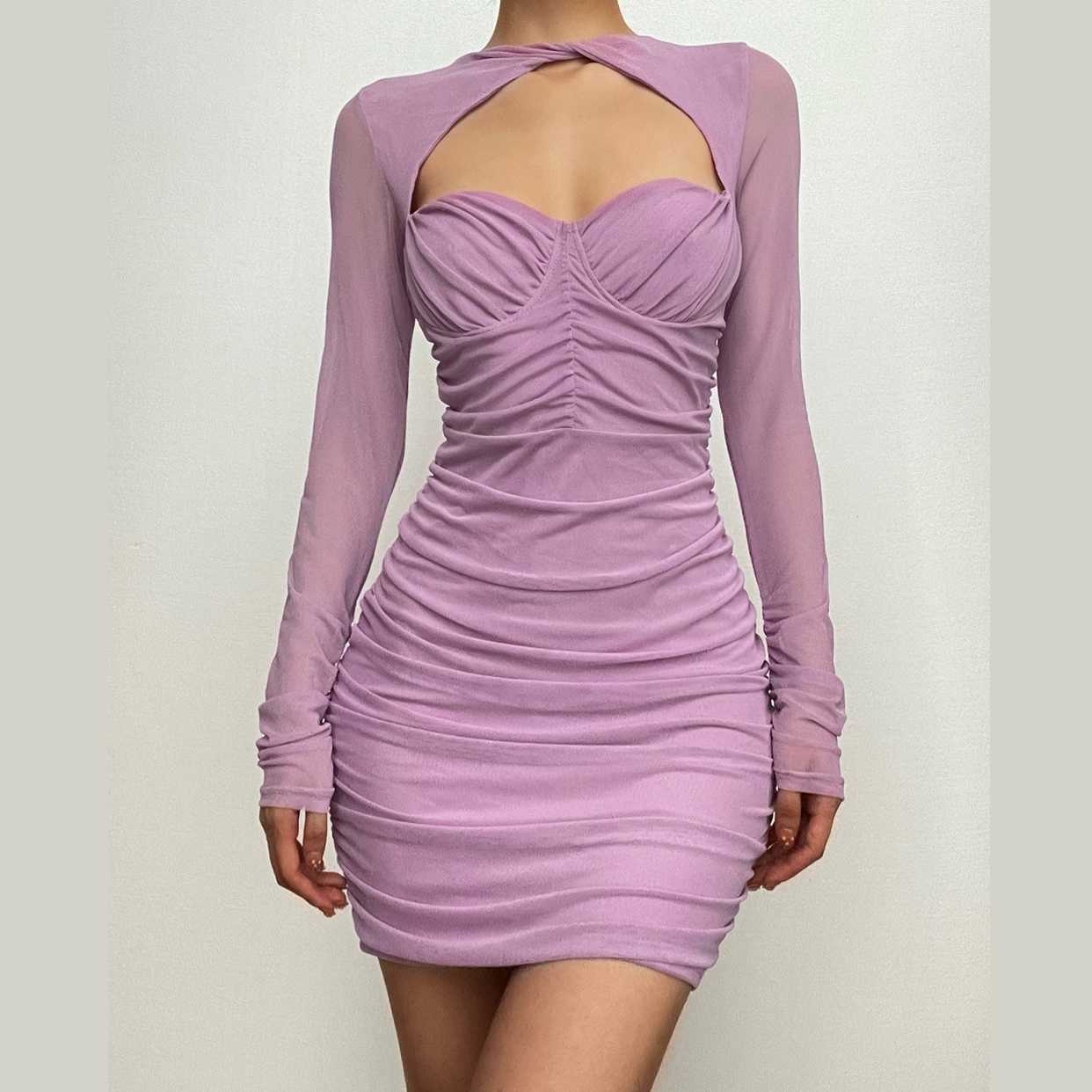 Hollow out ruched mesh long sleeve zip-up button cut out mini dress
