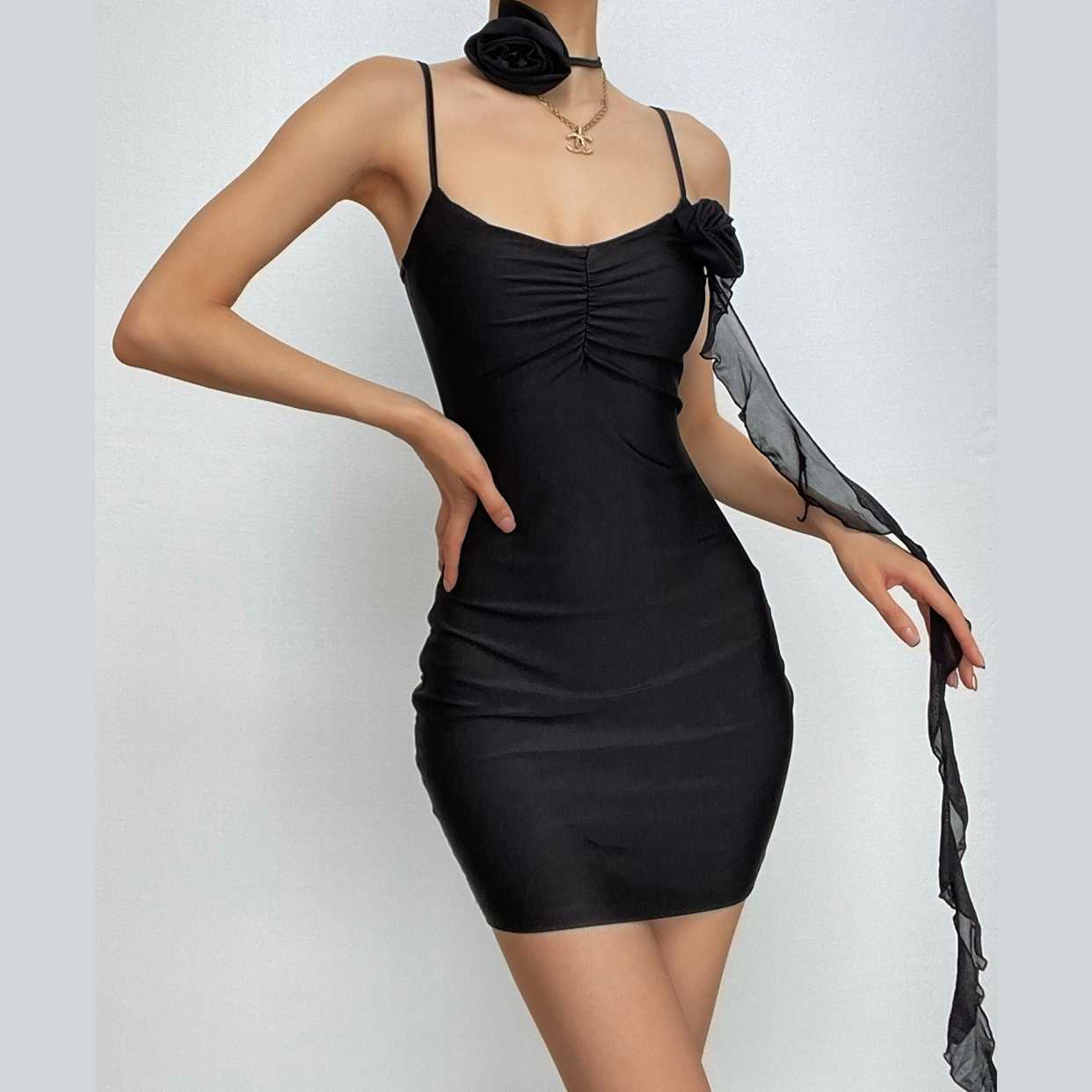 Flower applique solid backless v neck ribbon cami mini dress-final-sale