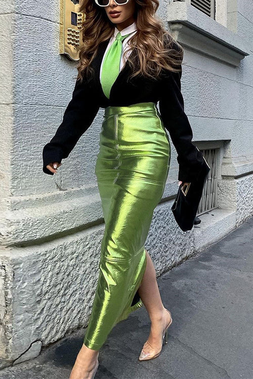 Back Slit Faux Leather Bodycon Maxi Skirt