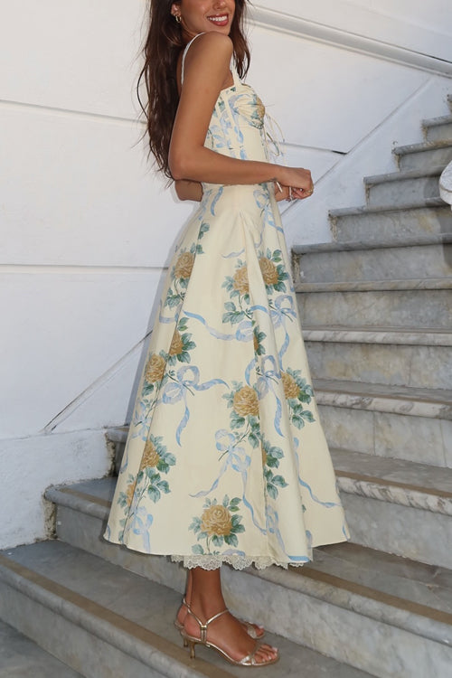 Meridress Lace Trim Drawstring Floral Print Midi Cami Dress