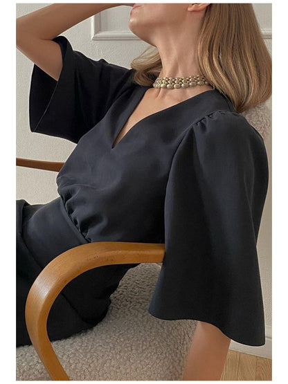 Black Short Sleeve V Neck A Line Dress