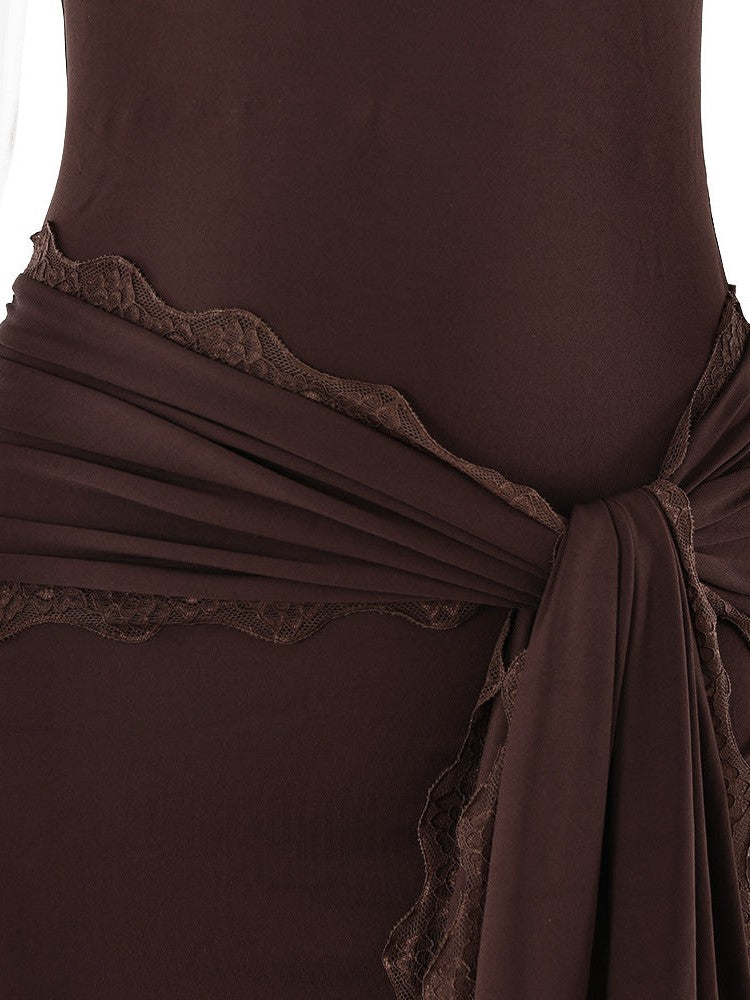 Spaghetti Strap Lace Detailed Ribbon Bodycon Short Dress