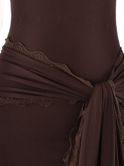 Spaghetti Strap Lace Detailed Ribbon Bodycon Short Dress