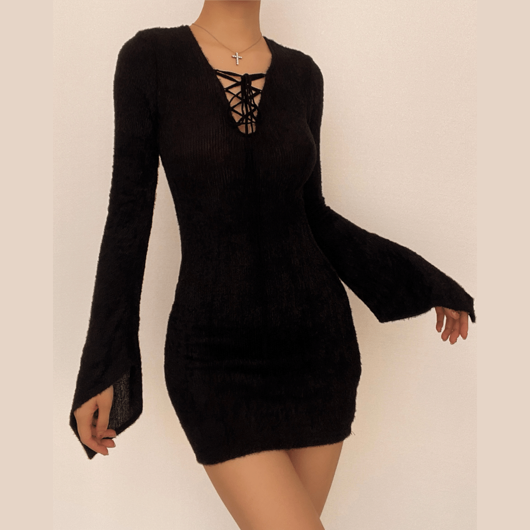 V-Neck Lace-Up Flared Bell Sleeve Fuzzy Knit Bodycon Mini Dress