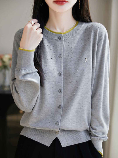 Anna Classic Crew Neck Rhinestone Knitted Cardigan