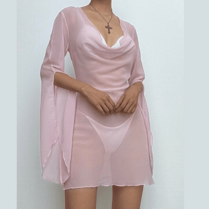 Cowl neck long sleeve backless chiffon mini dress