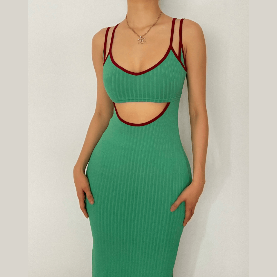 Rib Knit Scoop Neck Double Strap Contrast Trim Hollow Out Midi Dress