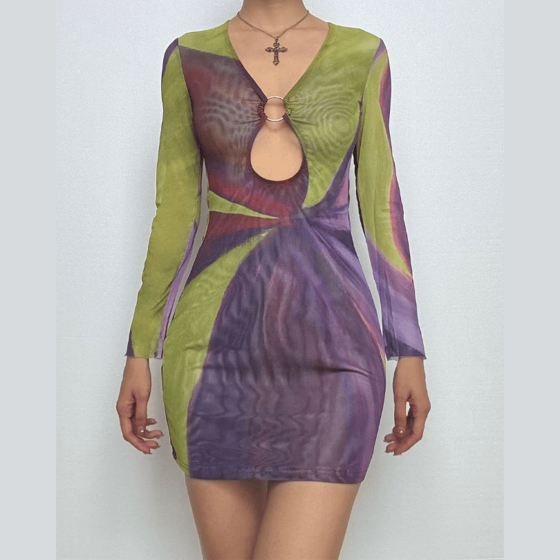 Long sleeve sheer mesh o ring print mini dress