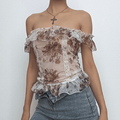 Off shoulder ruffle mesh flower print top