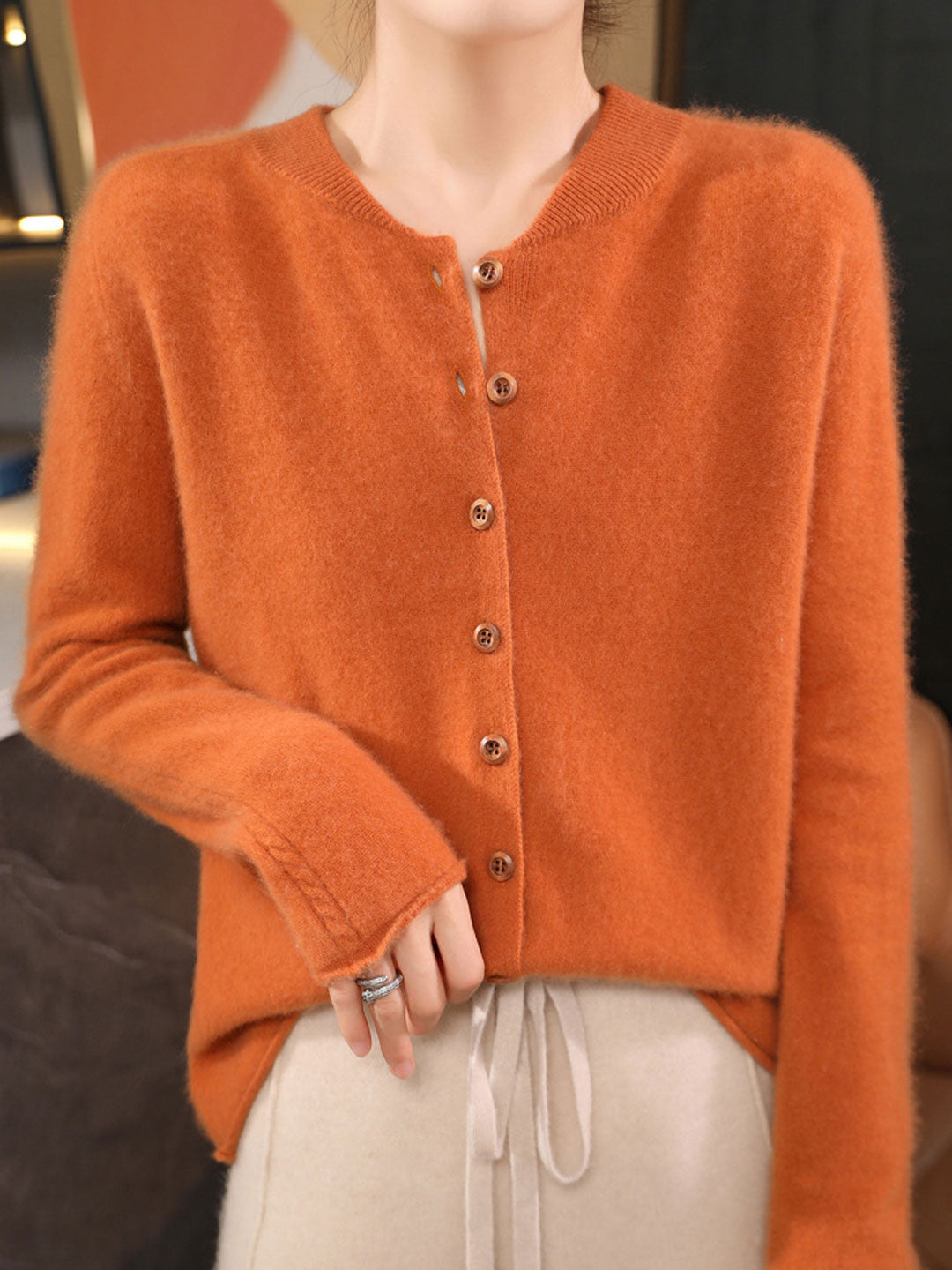 Natalie Classic Crew Neck Solid Color Knitted Cardigan-Red