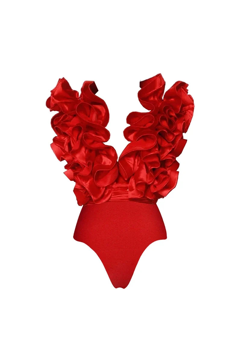 Lace Trim V-Neck Red Swimsuit Set