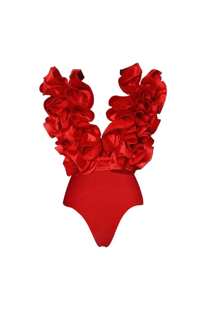 Lace Trim V-Neck Red Swimsuit Set