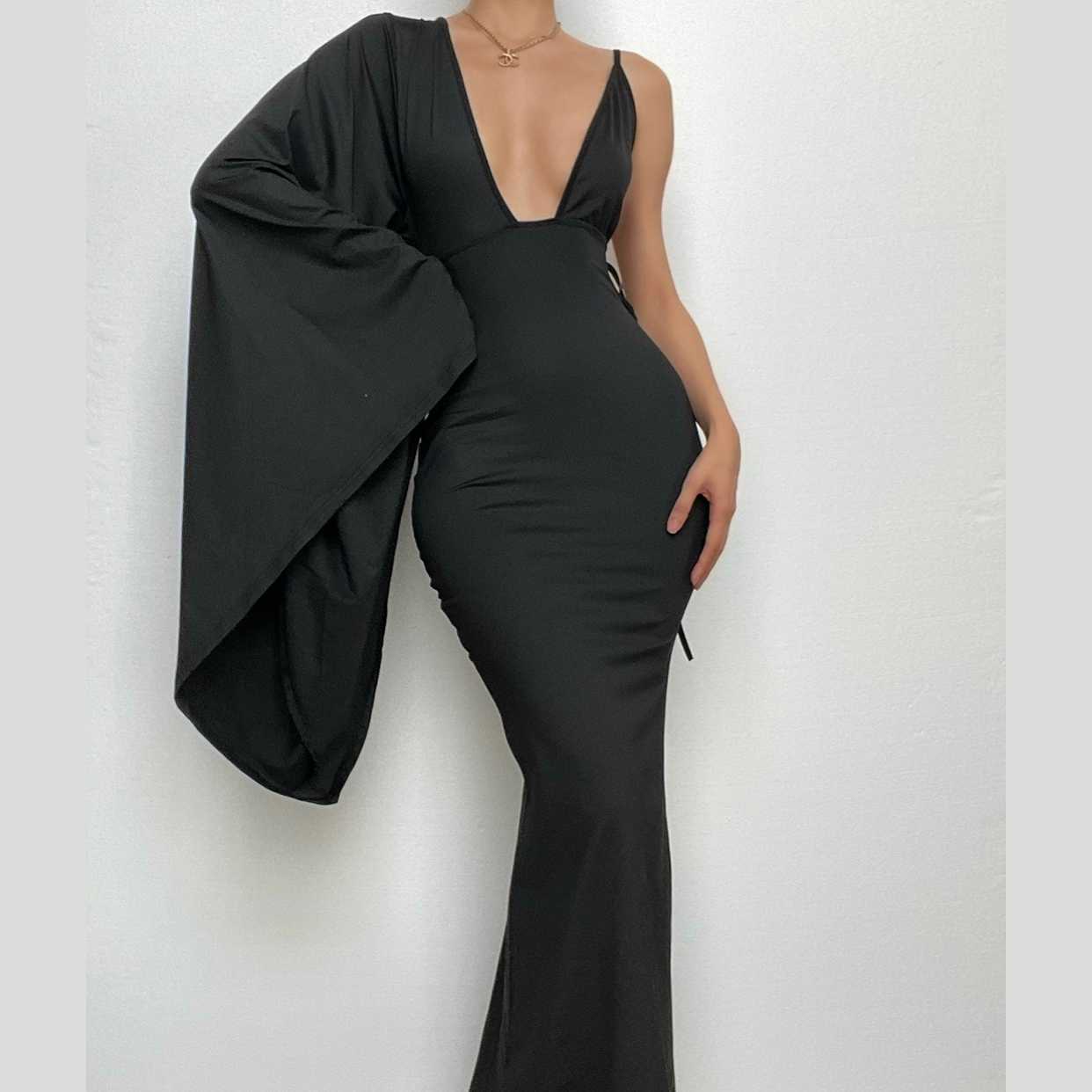 Deep V One Shoulder Angel Sleeve Mermaid Bodycon Maxi Dress