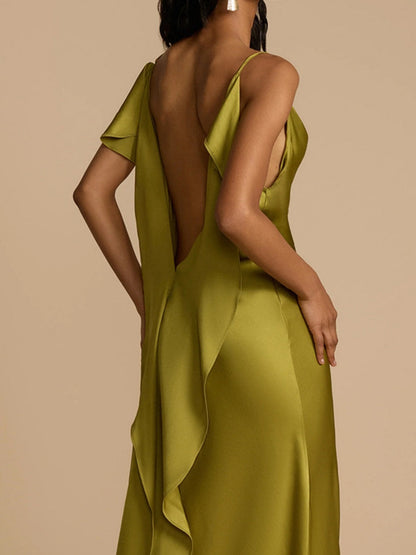 Backless Ribbon Satin Slits Wedding Maxi Dresses