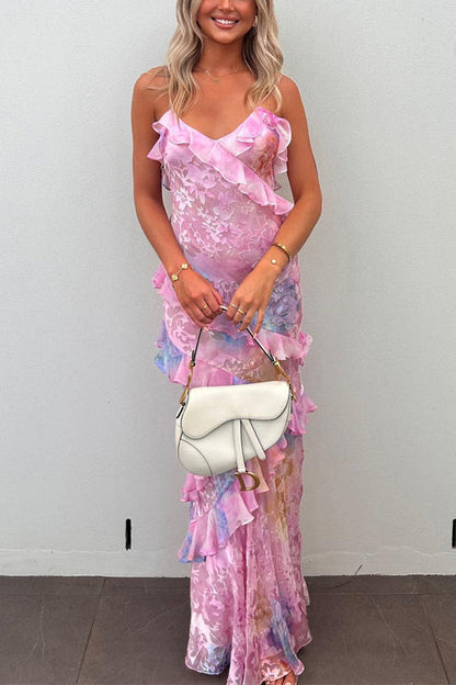 Ruffle Trim Open Back Printed Maxi Cami Dress
